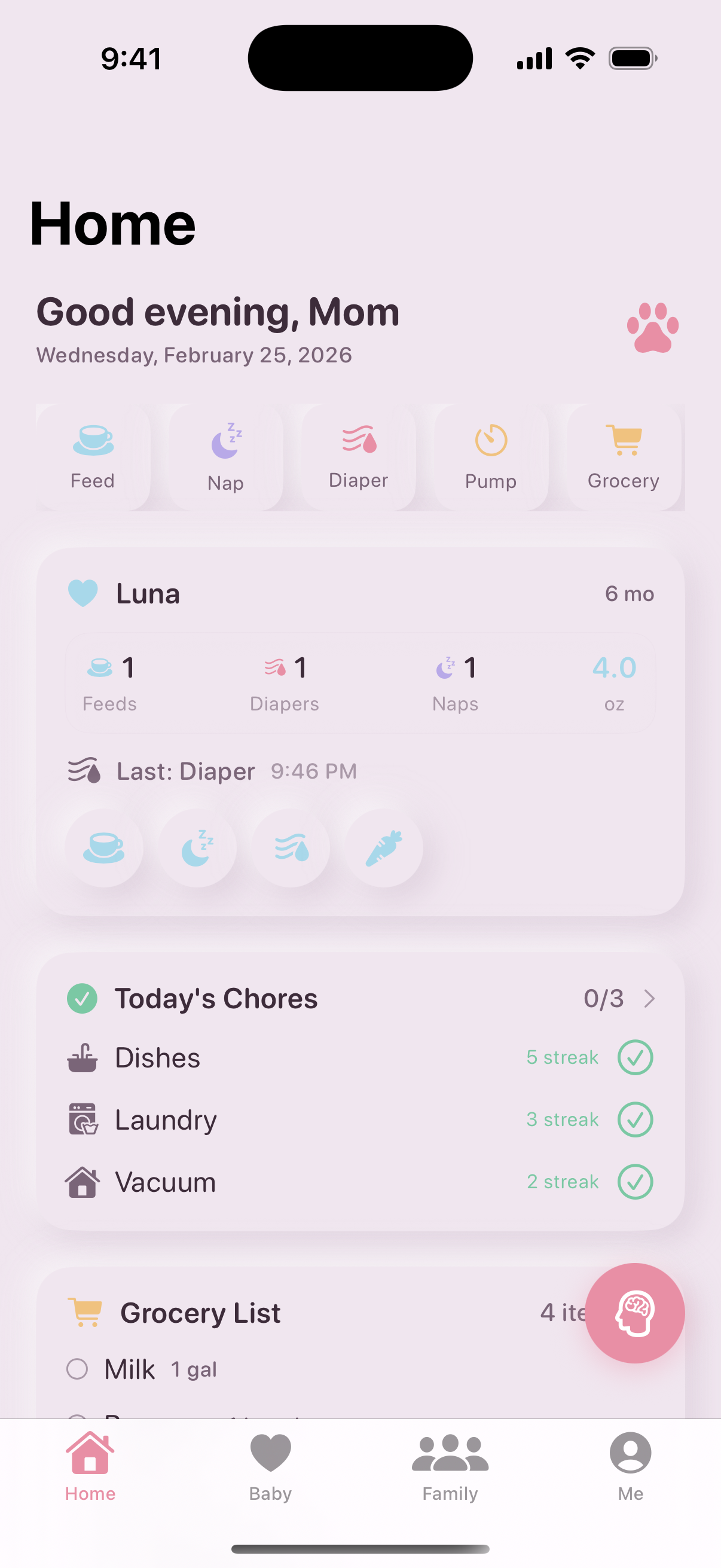 MamaBear Dashboard - Baby tracking, chores, cycle tracking all in one view